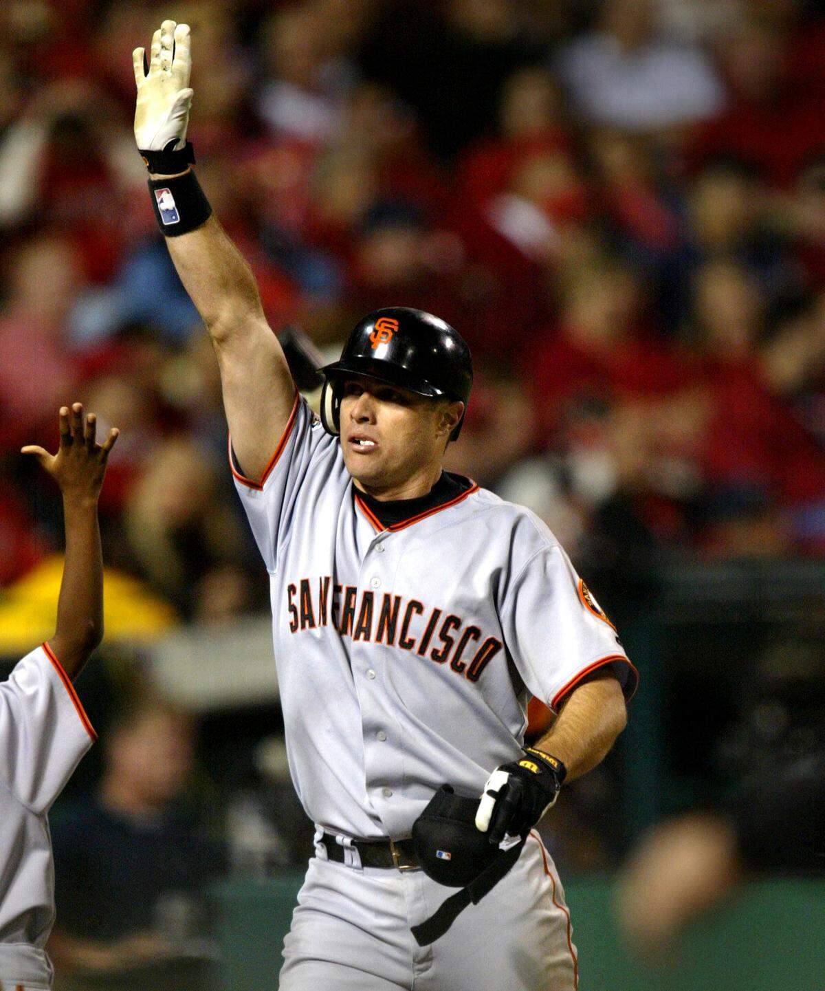  J.T. Snow after rounding the bases on his homer in the inning of the first game of the 2002 World Series between the Anaheim Angels and the San Francisco Giants at Edison Field on Oct. 19, 2002.