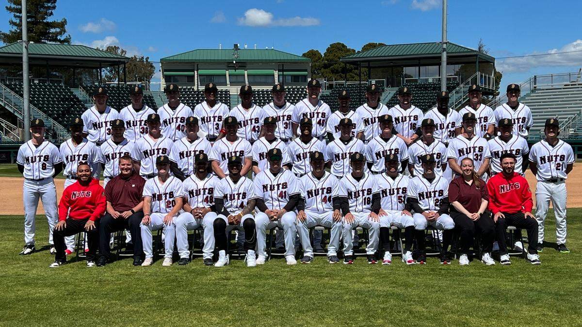 The 2023 Modesto Nuts take a team photo at media day on Monday, April 3, 2023. The opening day roster features 17 pitchers, five infielders, five outfielders and three catchers.