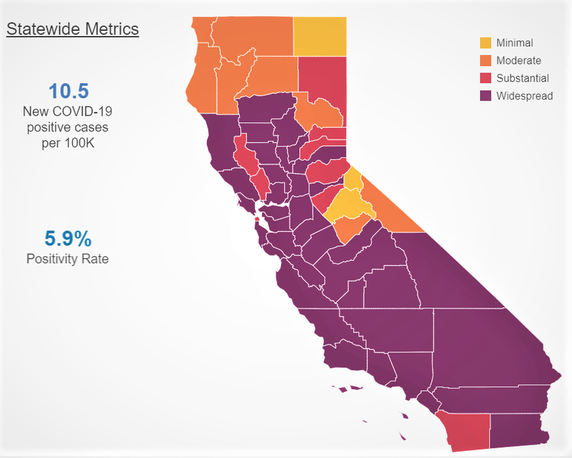 The new coronavirus tier map released by the state of California on Monday, Nov. 16, 2020.