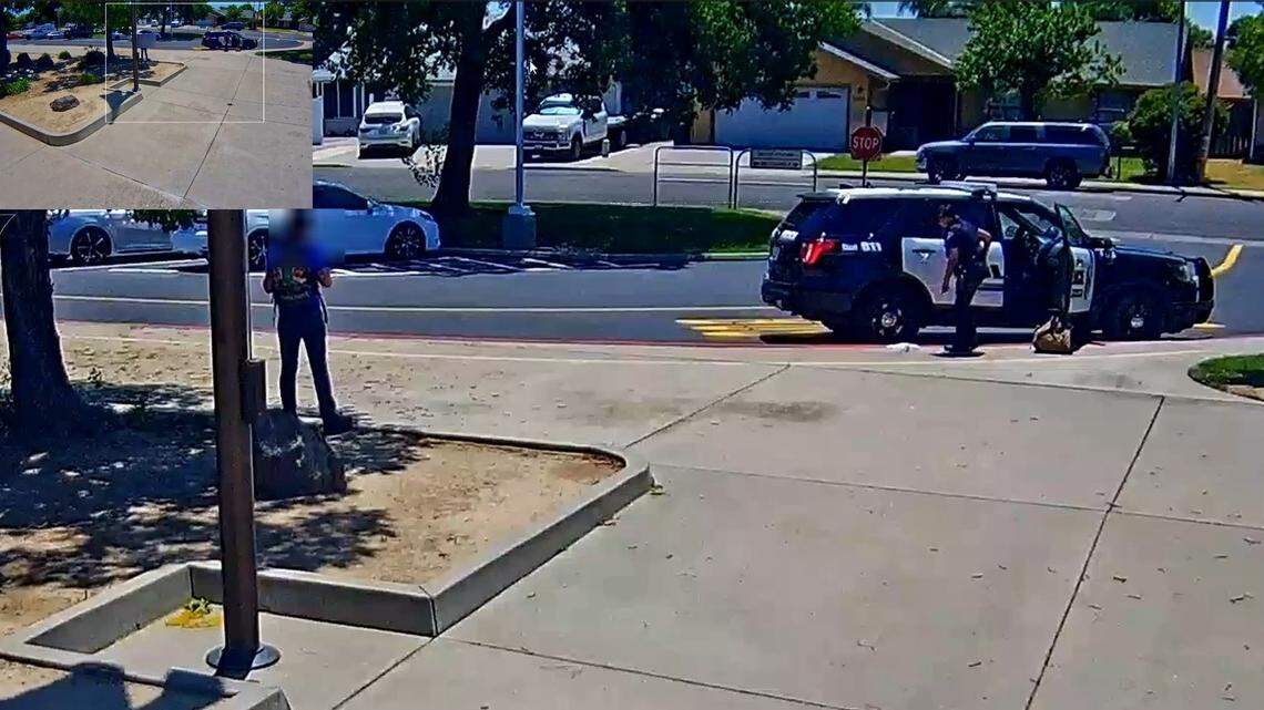 This still is from a silent video that shows a Ceres police officer suffering a leg wound when her holstered gun discharged at Blaker-Kinser Junior High School on June 24. See video below.
