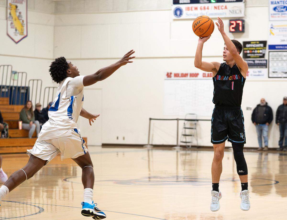 El Capitan guard Diego Ultreras attempts a shot against Mountain House during the Holiday Hoop Classic game at Modesto Christian High School in Salida, Calif. on Thursday, Dec. 26, 2024.