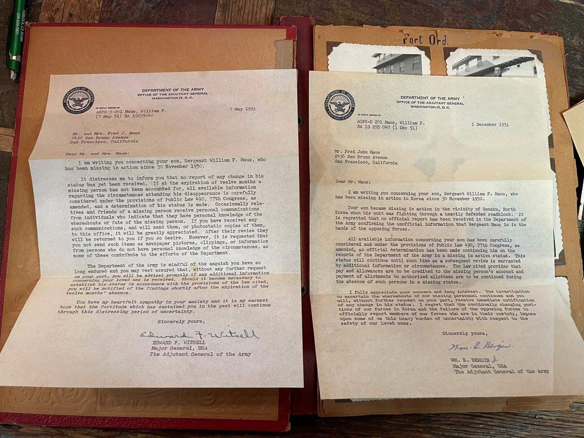 Letters from a scrapbook about William F. Maus that was found at a Modesto school and hopefully will be reunited with his family