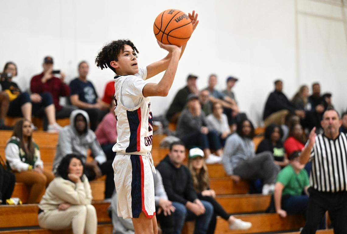 Modesto Christian’s Trevor Dickson attempts a three-point shot during the game with Berkeley at Modesto Christian High School in Salida, Calif., Saturday, Dec. 16, 2023.