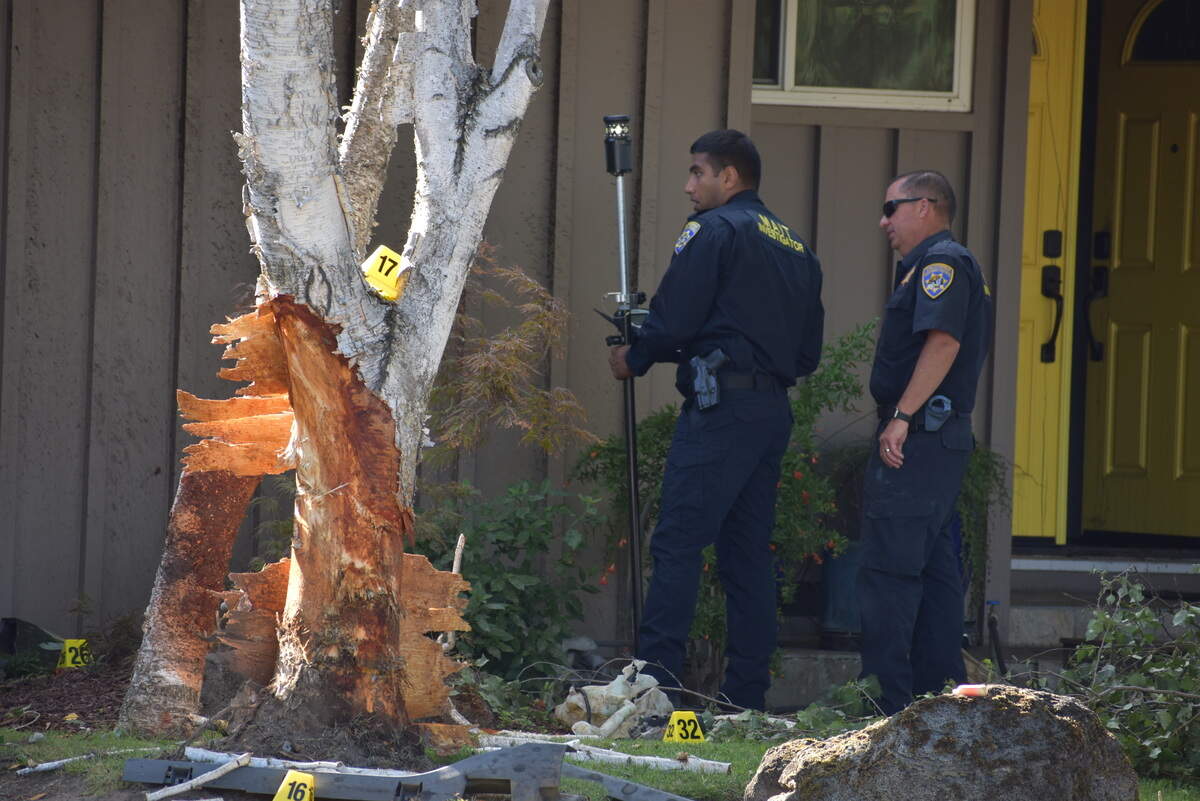 Members of the CHP’s major accident investigation team from Fresno work the scene of a crash into a home in Modesto’s Sherwood Forest neighborhood that killed one person early Tuesday, June 9, 2026. The house is on Tuxford Lane at the corner where it becomes Robin Hood Drive.