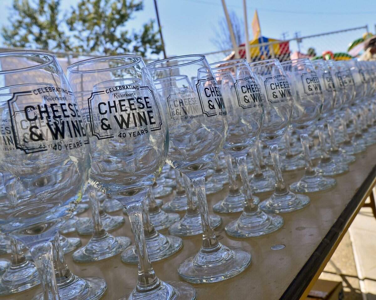 Specialty wine glasses during a past year’s Riverbank Cheese and Wine Festival.