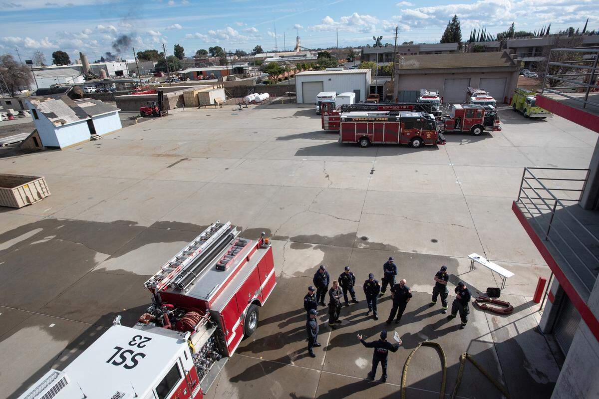 Modesto Fire units prepare for training at the Regional Fire Training Center in Modesto, Calif., Tuesday, March 7, 2023.