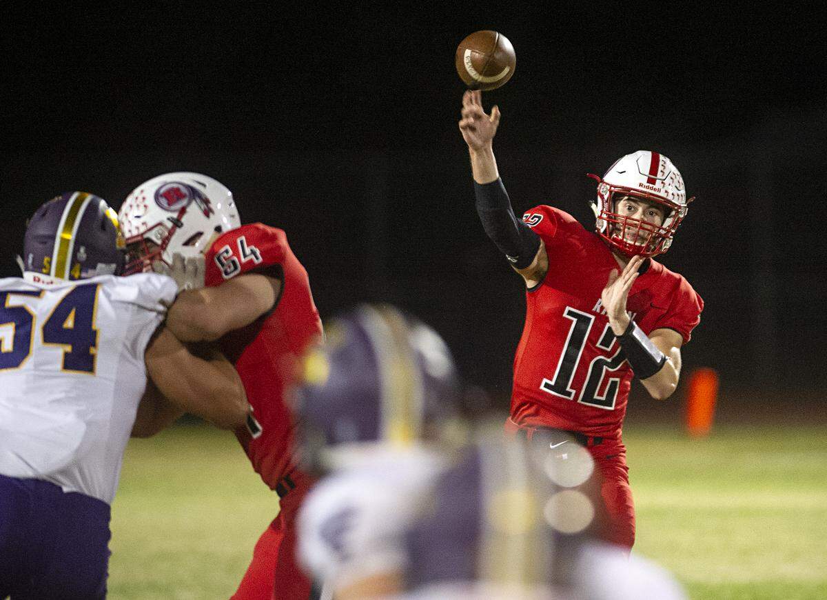 Ripon’s Nico Ilardi makes a pass during the Trans-Valley League game with Escalon at Ripon High School in Ripon, Calif., Friday, Oct. 18, 2019.