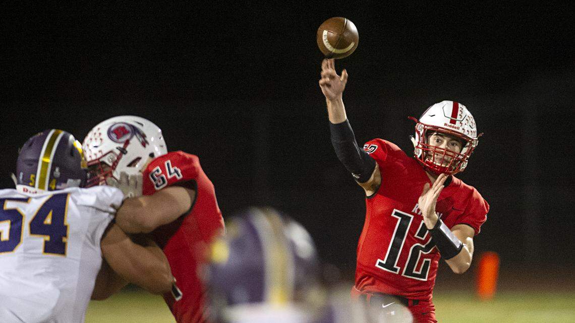 Ripon’s Nico Ilardi makes a pass during the Trans-Valley League game with Escalon at Ripon High School in Ripon, Calif., Friday, Oct. 18, 2019.