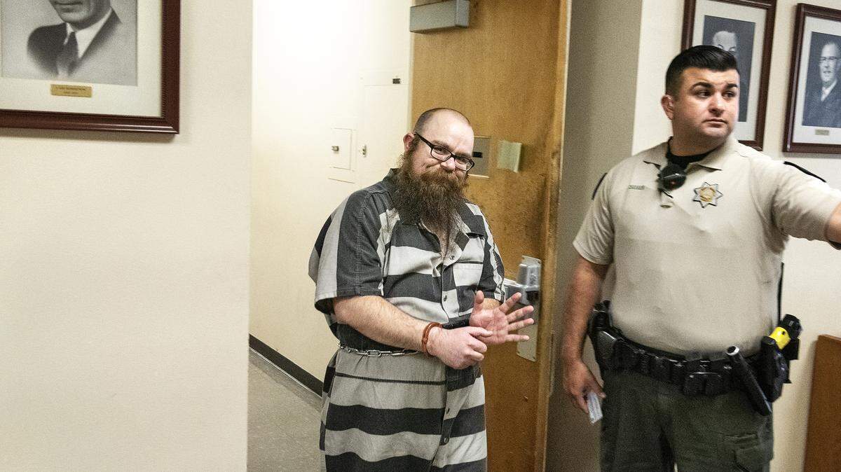 Jeremy Fennell appears for an arraignment hearing at the Stanislaus County Superior Courthouse in Modesto, Calif., Wednesday, Aug. 21, 2019. Fennell is charged with the murder of Lawrence Walker.
