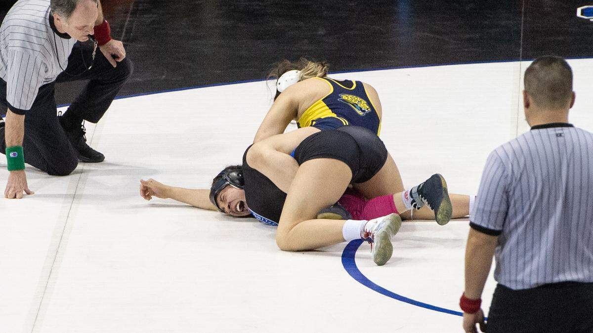 Gregori wrestler Mikayla Lancaster won the 150-pound championship with a pin of Davis’ Avangeline Turner during the Sac-Joaquin Section Masters wrestling championships Saturday, Feb. 18, 2023, at Stockton Arena in Stockton, Calif.