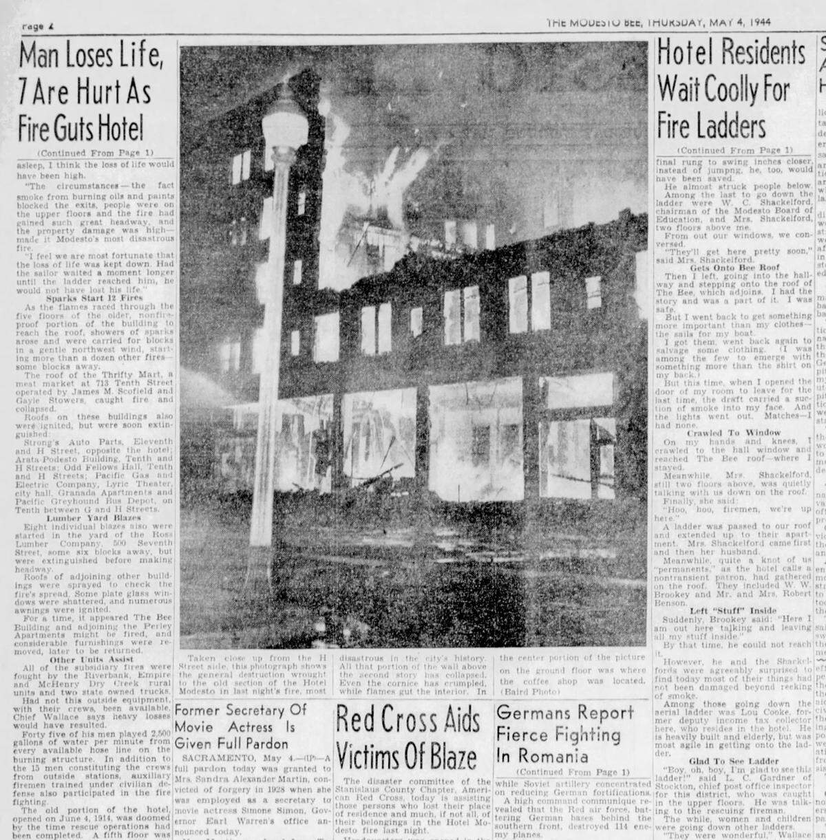 Front page of The Modesto Bee May 4, 1944, reporting the fire at Hotel Modesto.