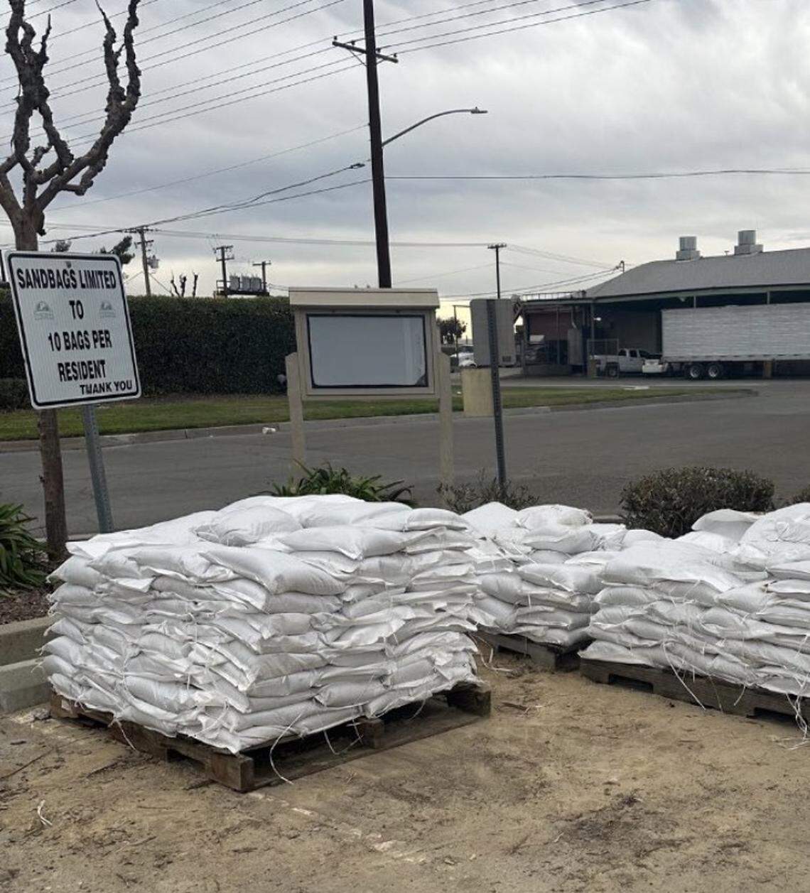 Stacks of free sandbags are available for residents at 901 S. Walnut Road in Turlock as recent rain brings flooding concerns and power outages across the area. Residents are limited to 10 bags per household.