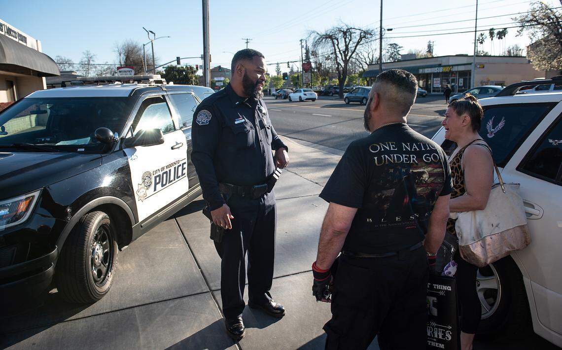 Modesto Police Lieutenant Felton Payne conducts a security check on McHenry Avenue in Modesto, Calif., on Friday, Feb. 25, 2022.