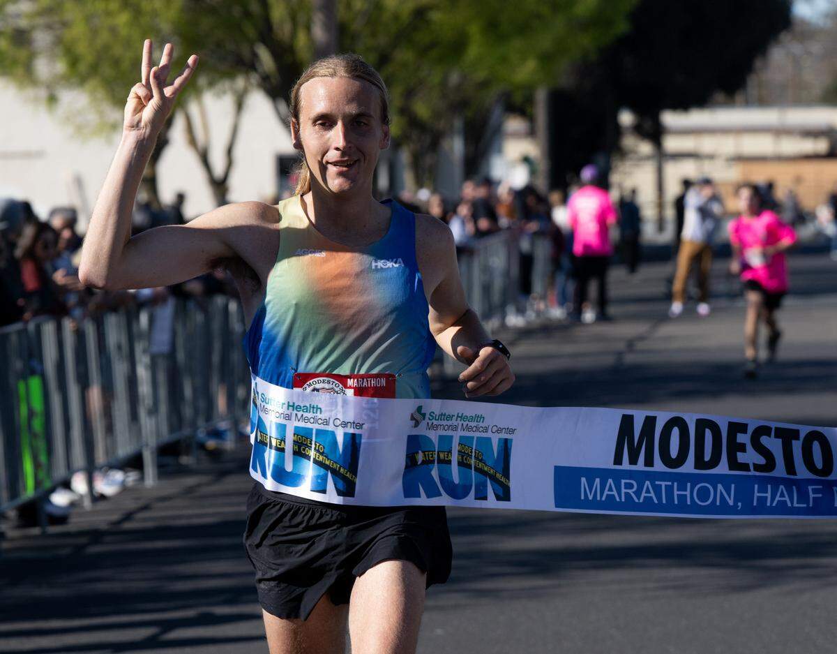 Men’s marathon winner Michael Mrgudic finishes with a time of 2:32:00 in the Modesto Marathon on Sunday, March, 23, 2025. This was Mrgudic’s third consecutive Modesto Marathon win.