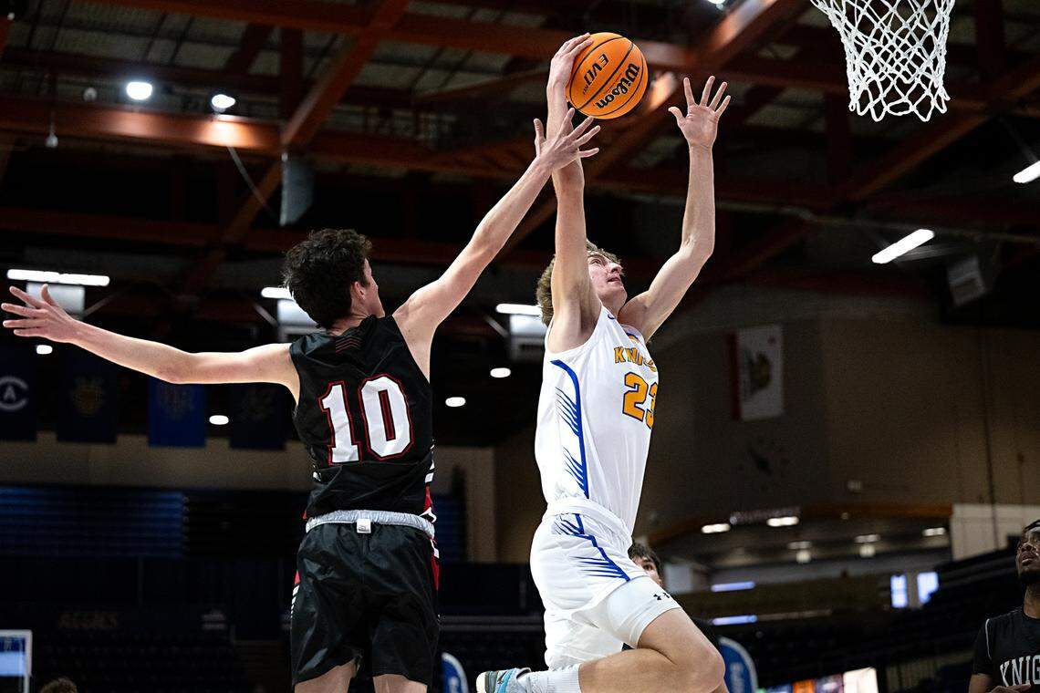 Ripon Christian’s Jace Biederman scores past Futures Ivan Blyshchyk during the Sac-Joaquin Section Division V championship game at UC Davis in Davis, Calif., Friday, Feb. 23, 2024.