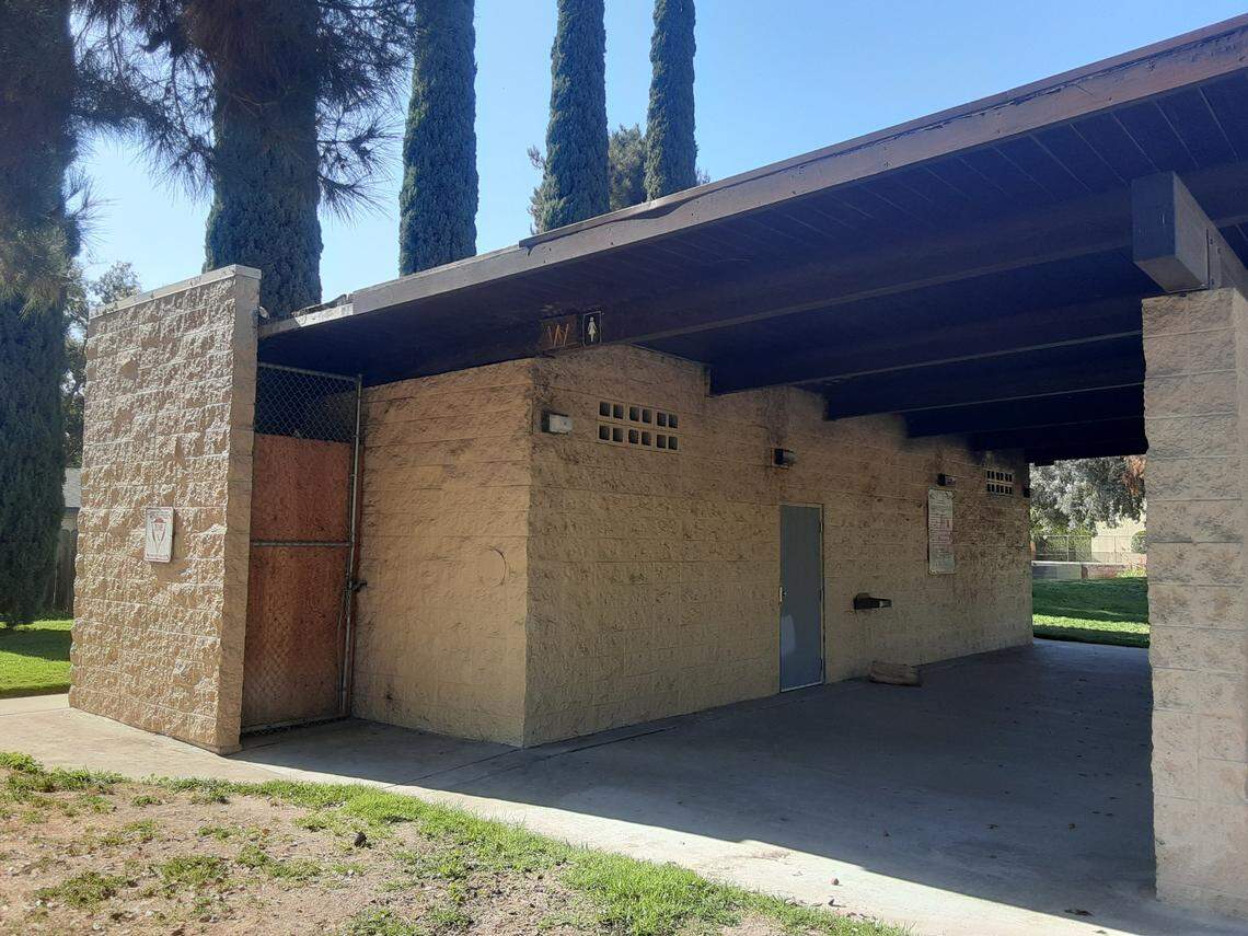 One of the bathrooms at Modesto’s Sylvan Park on Rumble Road near Coffee Road is pictured Thursday, Oct. 20, 2022. The city says it has $74 million in deferred park maintenance.