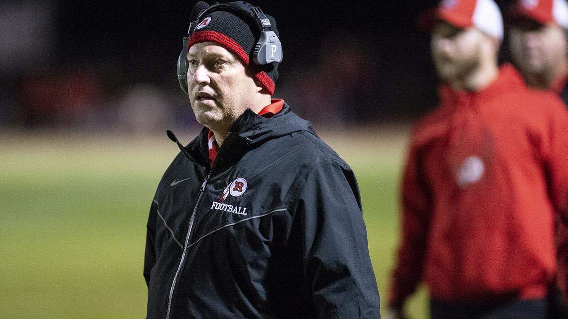 Ripon coach Chris Musseman watches officials makes a call on the field during the CIF State 4-AA championship game with Highland at Ripon High School in Ripon, Calif., on Saturday, Dec. 14, 2019.