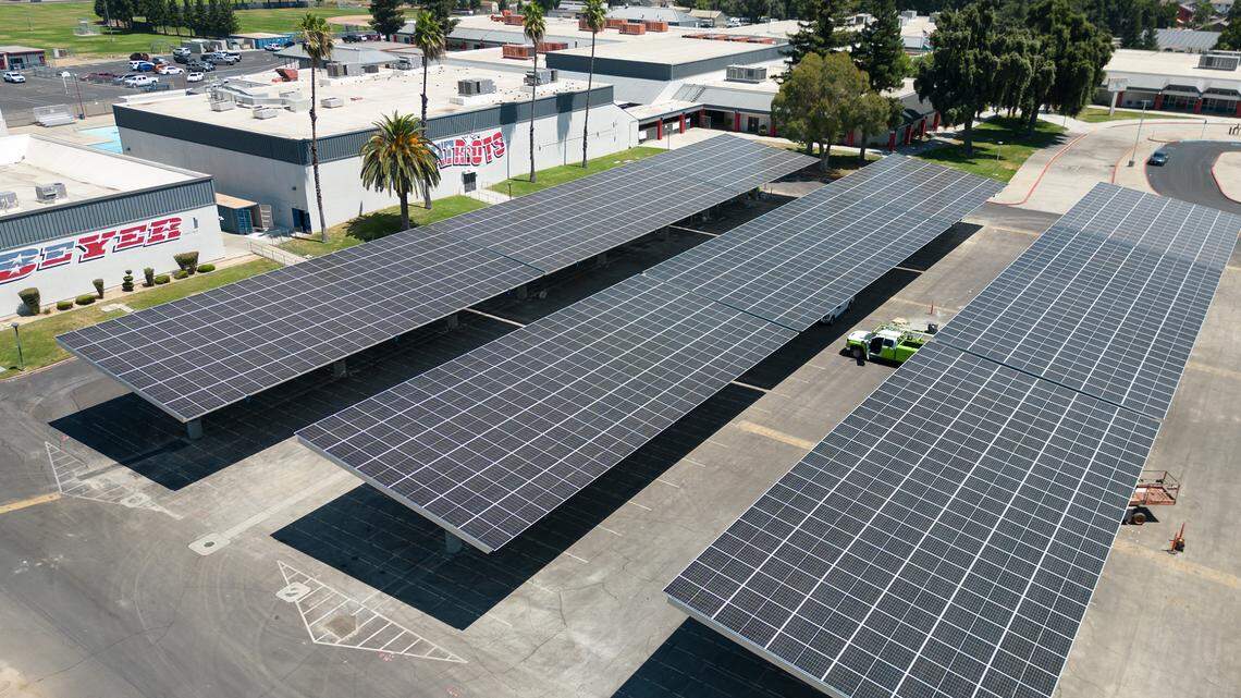 Solar panels have been installed in the parking lots at Beyer High School in Modesto, Calif., Friday, August 4, 2023. 