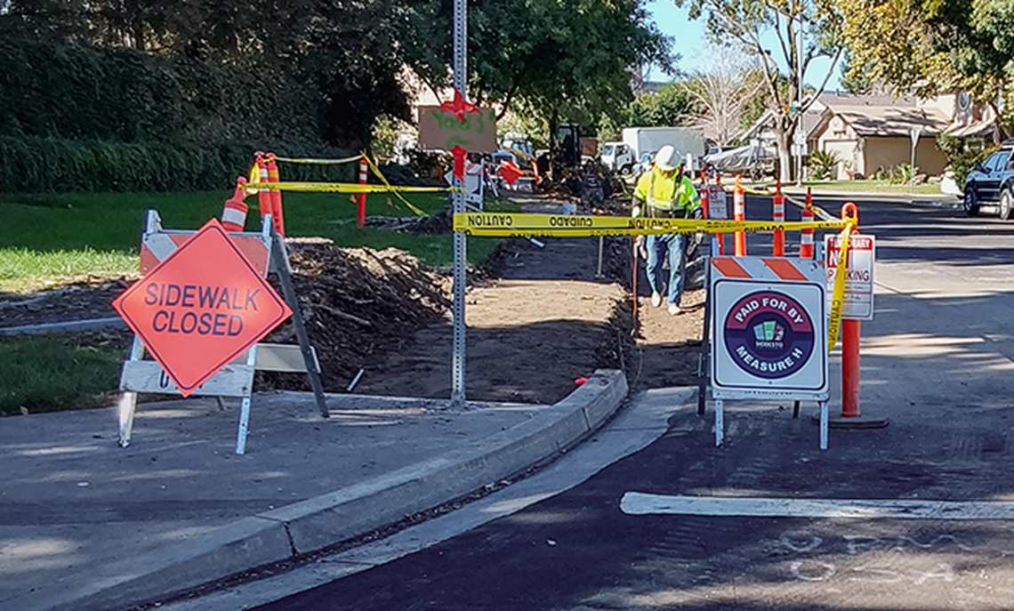 A sign where city work is being done in Modesto notes that it was funded through Measure A.