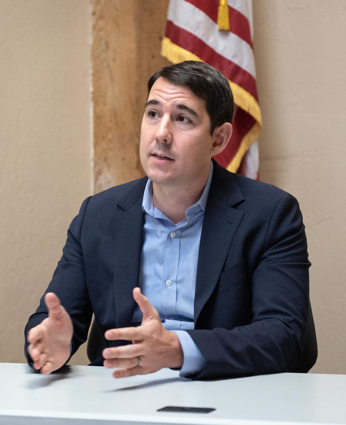 U.S. Congressional District 9 candidate Josh Harder answers a question from the moderator during a debate with challenger Tom Patti at the Stockton Record newspaper office in Stockton on Oct. 13, 2022.