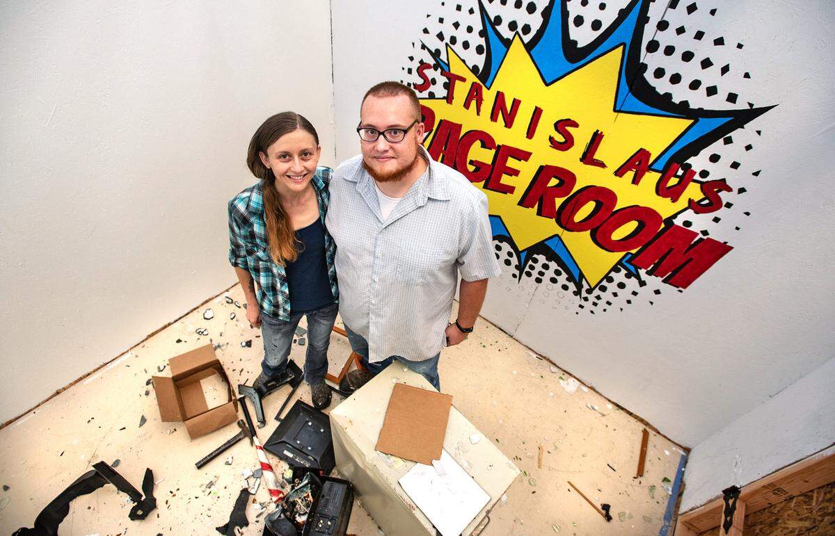 Owners Andrew Cameron and Olivia Bartlett at the Stanislaus Rage Room in Salida, Calif., on Friday, July 31, 2020.