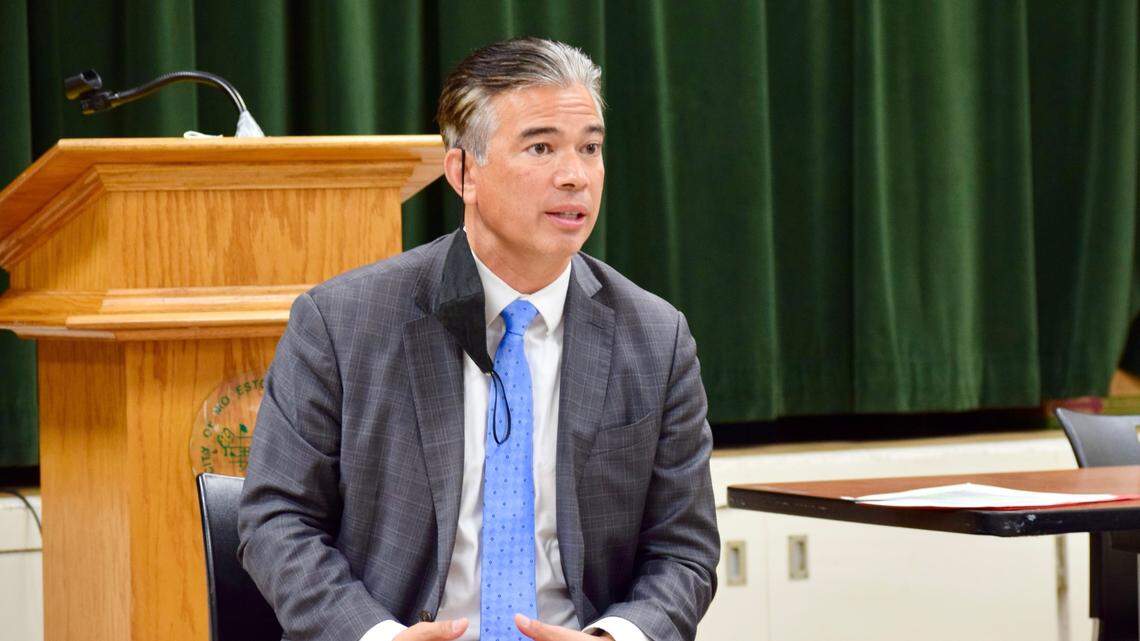 California Attorney General Rob Bonta speaks to community members at King-Kennedy Memorial Center in southwest Modesto on Dec. 13, 2021.