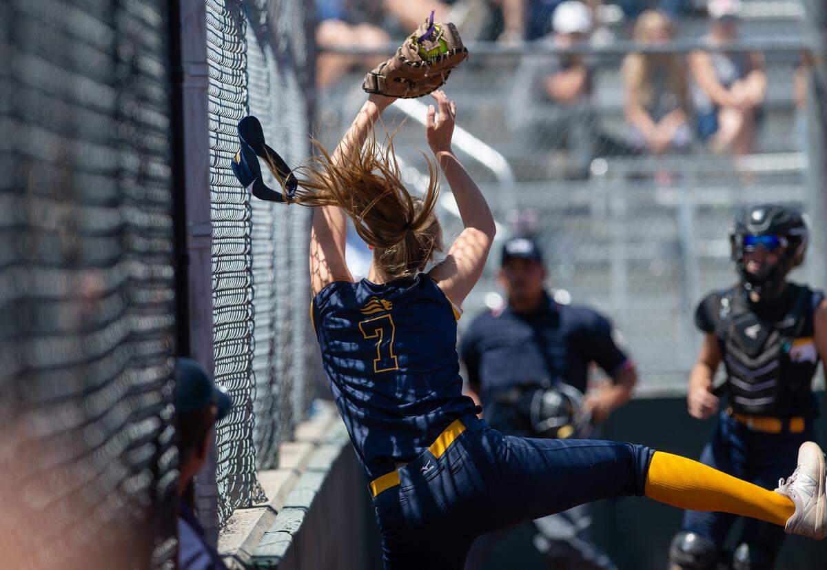 Big Valley Christian’s Trinity Beers makes a catch on a foul ball during the Sac-Joaquin Section Softball Division VII championship game with Stone Ridge Christian at Delta College in Stockton, Calif., on Saturday, May 21, 2022.