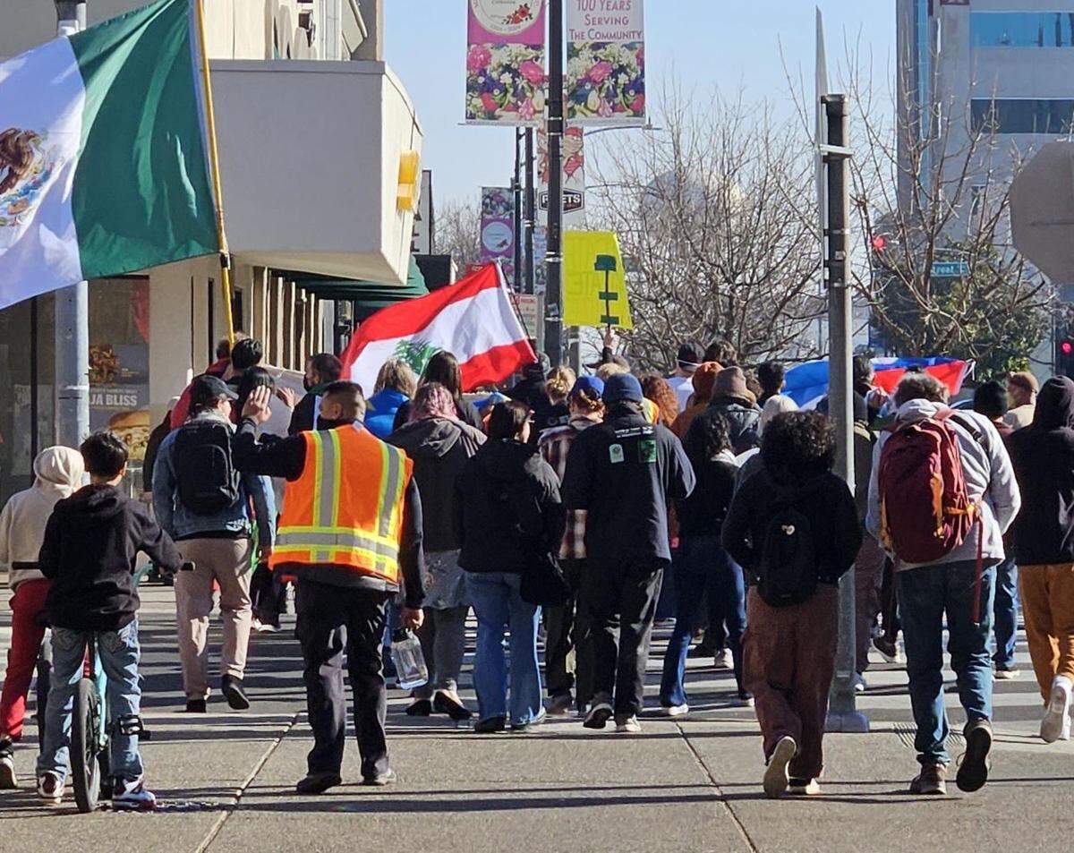 Marchers at the “Inauguration of the People” march in downtown Modesto on Jan. 19, 2025.