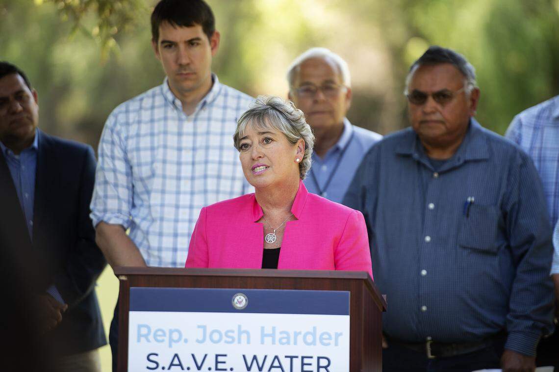 Del Puerto Water District Manager Anthea Hansen speaks about the new proposed reservoir in Del Puerto Canyon as part of Congressman Josh Harder’s new water bill at Tuolumne River Regional Park in Modesto, Calif., Wednesday, April 24, 2019.