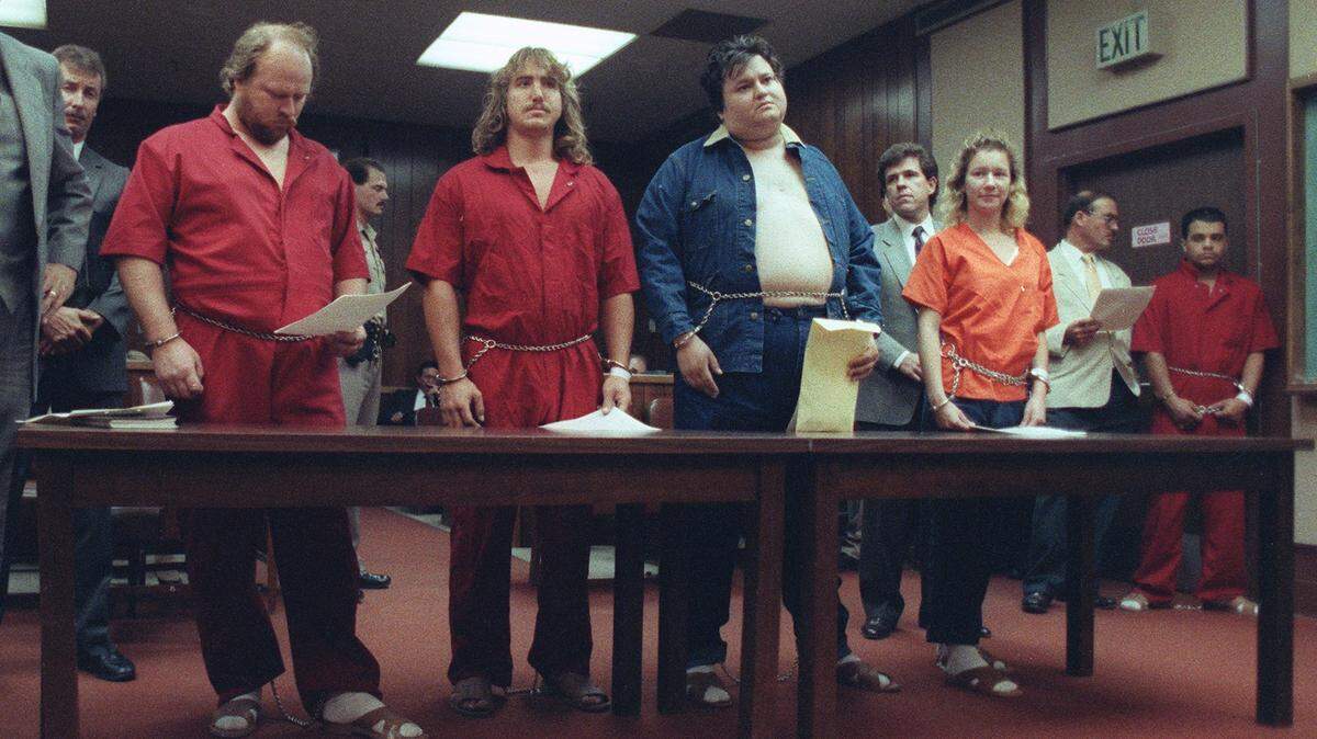 May 24, 1990 Modesto Bee File Photo, Salida quadruple Murder Suspects Arraigned, at the Stanislaus County Courtroom B. Thrusday 2pm. L-R: James David Beck; Ronald Wayne Willey; Gerald Dean Cruz; Michelle Lee Evans; and Richard John Vieira. Judge Barakatt presiding. All are suspect of the May 21st murder of four Salida, Ca, residents beaten and stabbed to death. (The Modesto Bee/Bart Ah You)