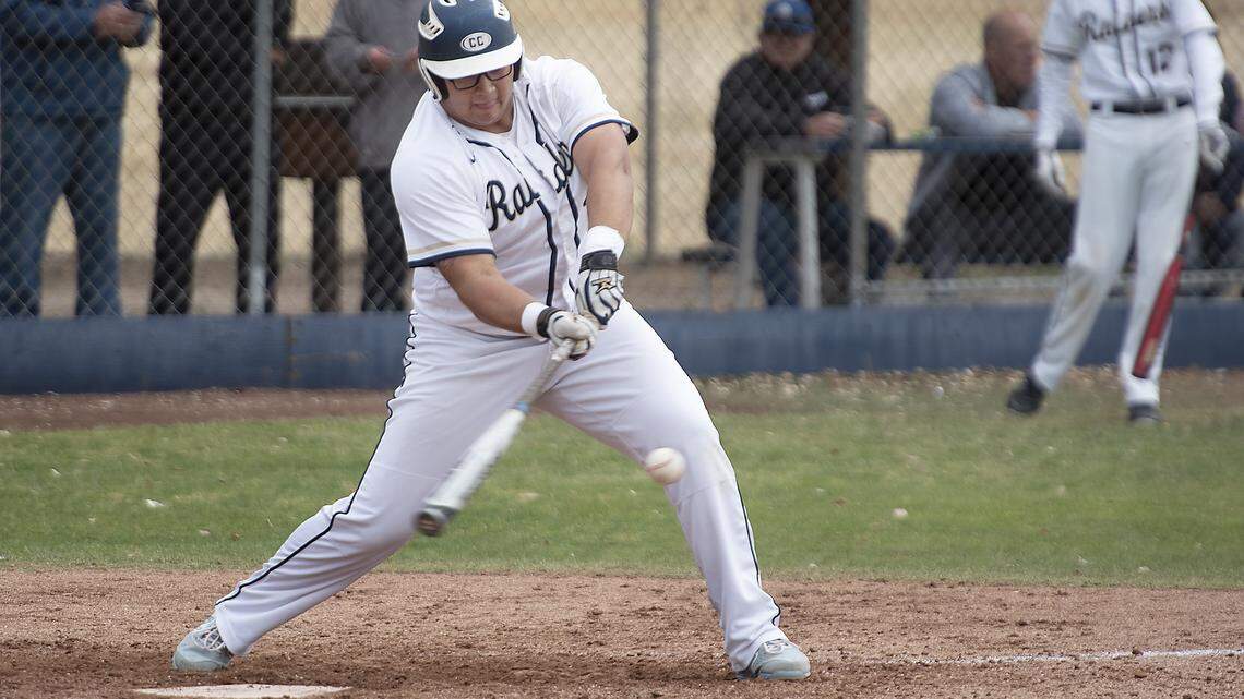 Central Catholic’s Mike Duran singles during the Sac-Joaquin Section Division IV playoff game with Sonora in Modesto, Calif., Thursday, May 16, 2019.