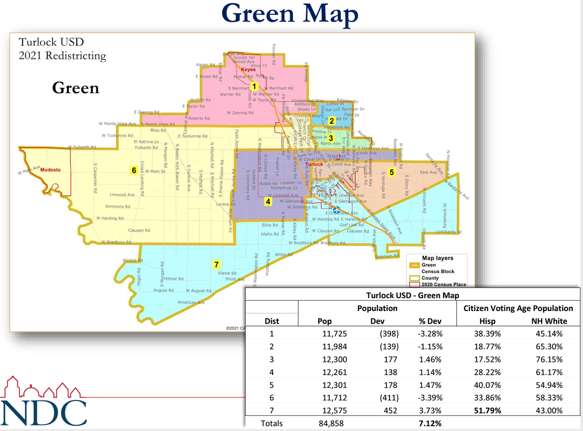 One of two maps Turlock Unified is considering for new trustee district boundaries.