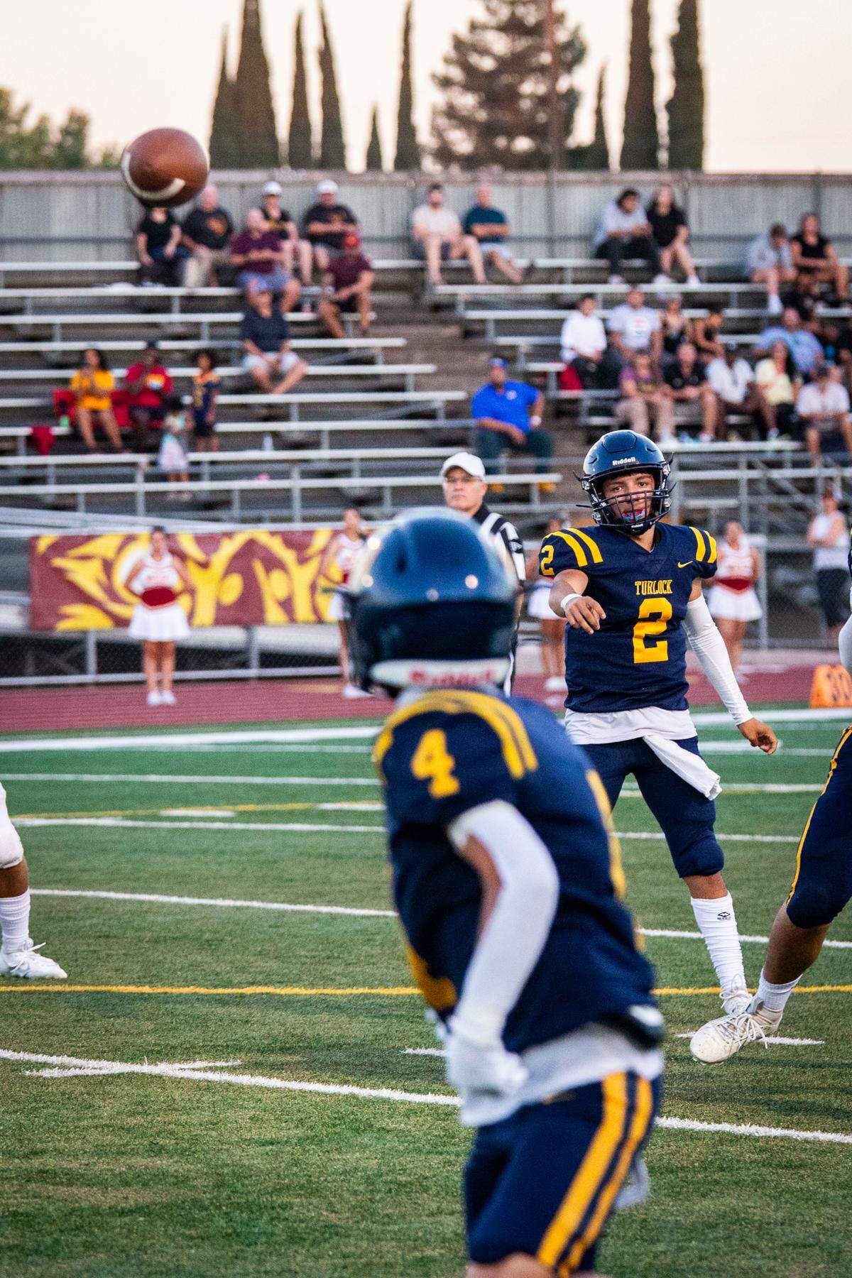 Turlock High’s Junior Silva (4) awaits a pass from Vincent Gonzales (2) during the first half of Friday night’s game against Clovis West.