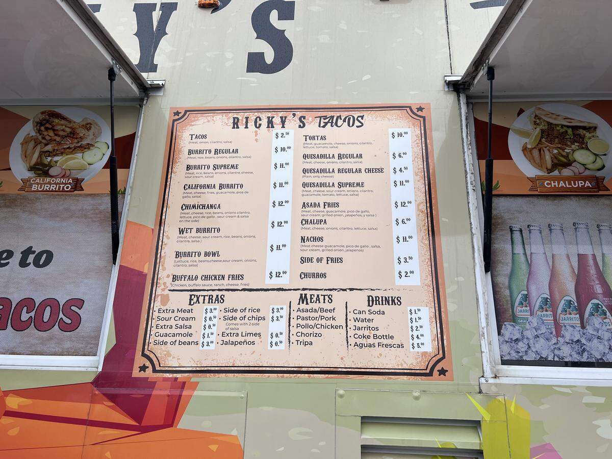 The menu at Ricky’s Tacos includes a wide selection of drinks, from canned and bottled sodas to water and aguas frescas.