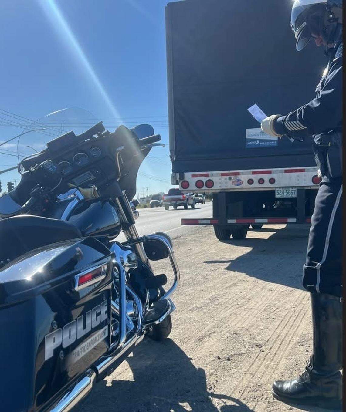 A Ceres motor officer participates in a countywide Stanislaus County Integrated Traffic Enforcement operation in Ceres on Feb. 24, 2026. The four-hour effort resulted in 133 citations and four vehicle tows, according to Ceres police.
