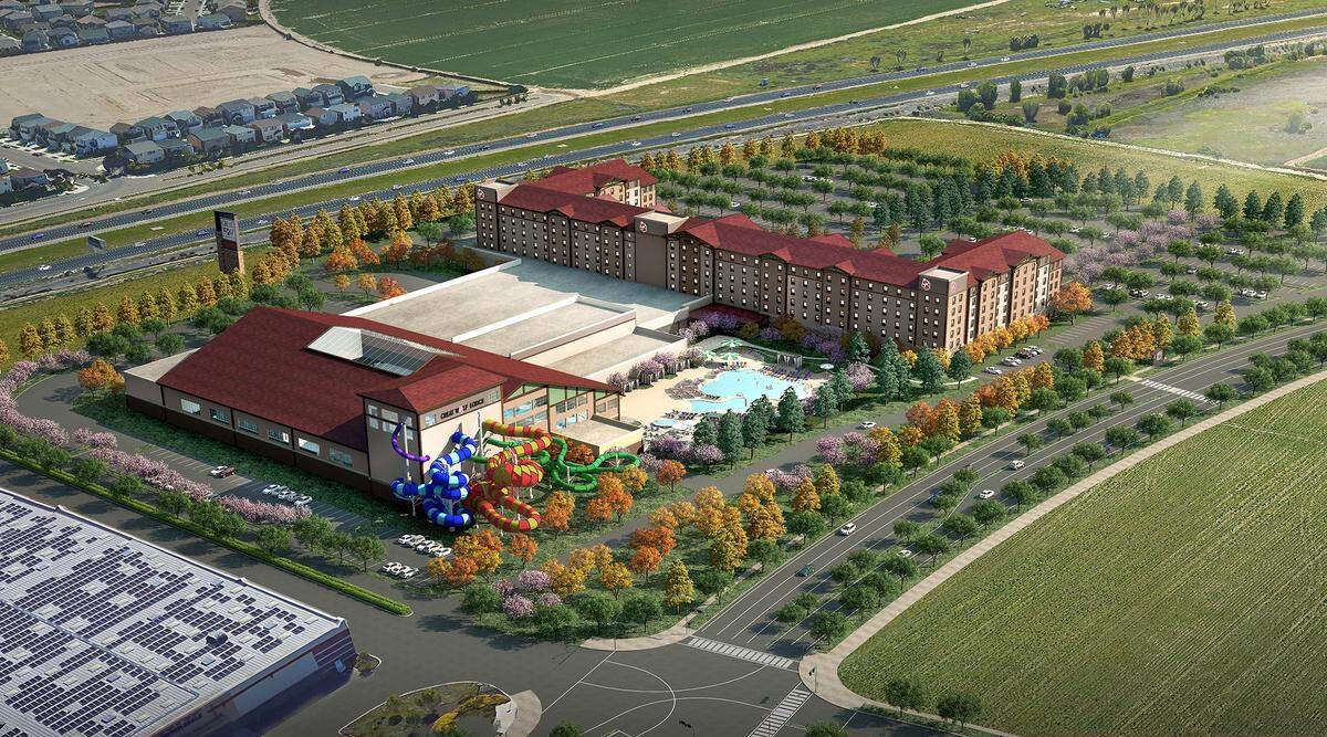 A rendering of the Great Wolf Lodge in Manteca which will include a 6-story, 500-room hotel, family entertainment center and 95,000 square-foot indoor waterpark.