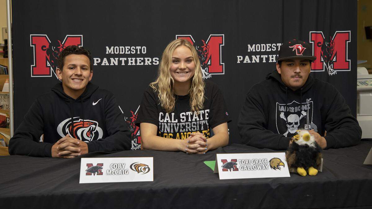 Three Modesto High School athletes signed their National Letters of Intent on Friday, November 30, 2018 at Modesto High School. The athletes are: Coby McGaig (Tennis, University of Pacific), Tori Galloway (Volleyball, Cal State Los Angeles), R.J. Soria (Baseball, University of Hawai’i- Hilo)
