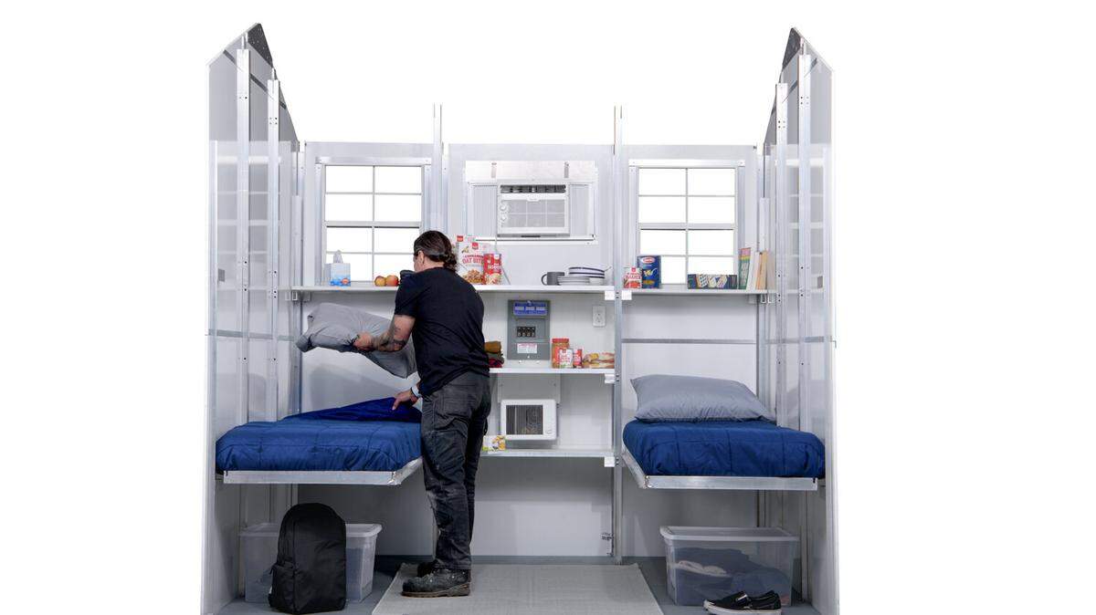 Pallet Shelter builds a 64-square-foot pod like this, and another measuring 100 square feet.
