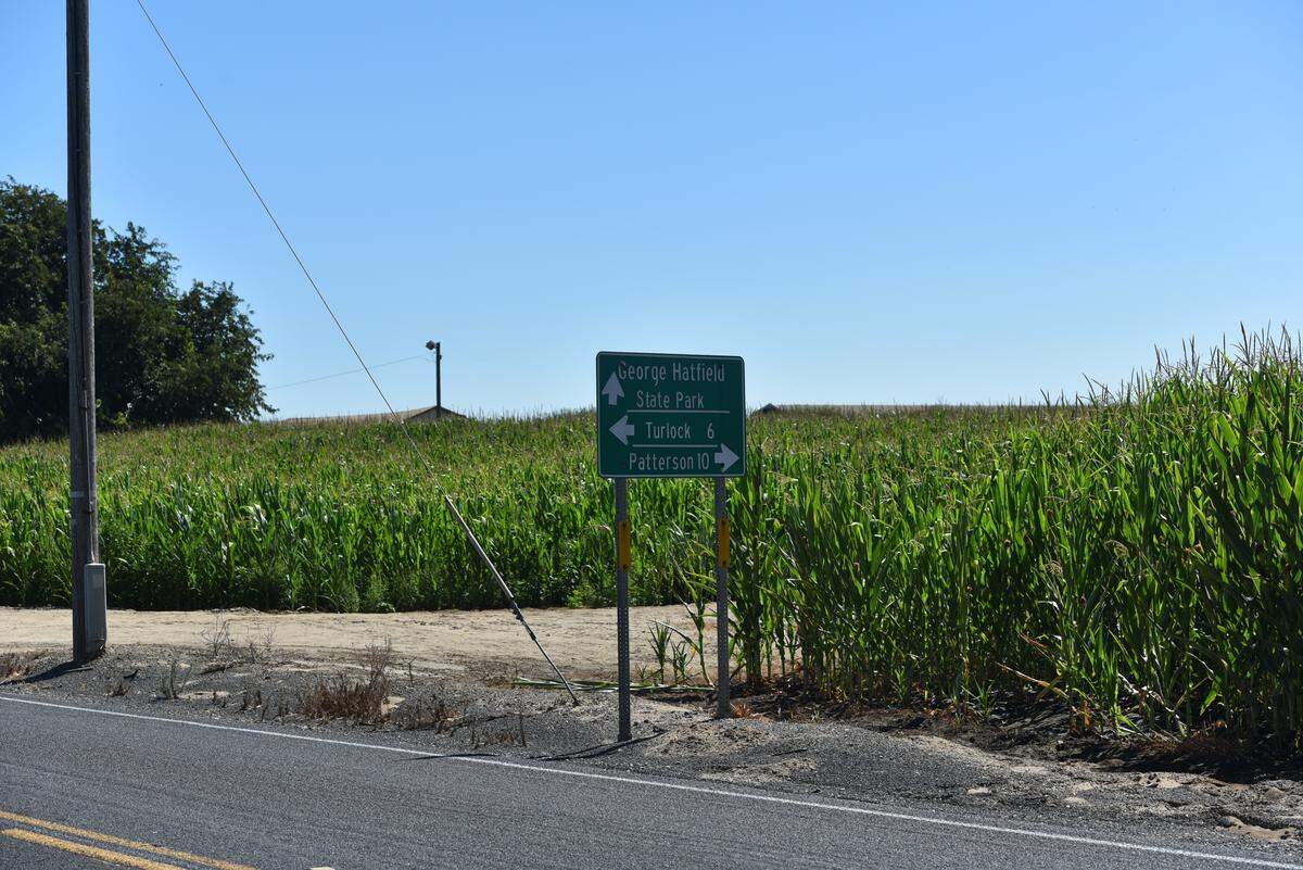 A street sign across from the property on North Central Ave. in rural Turlock, where state officials are seeking to place sexually violent predator Kevin Gray under conditional release.