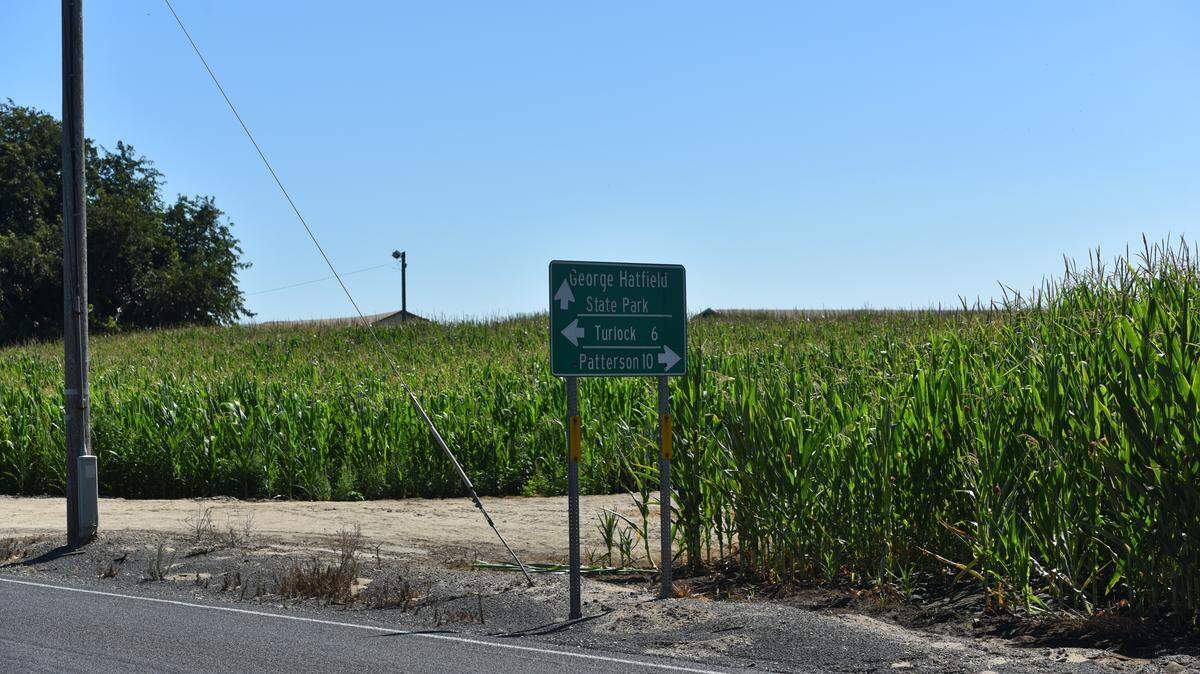 A street sign across from the property on North Central Ave. in rural Turlock, where state officials are seeking to place sexually violent predator Kevin Gray under conditional release.