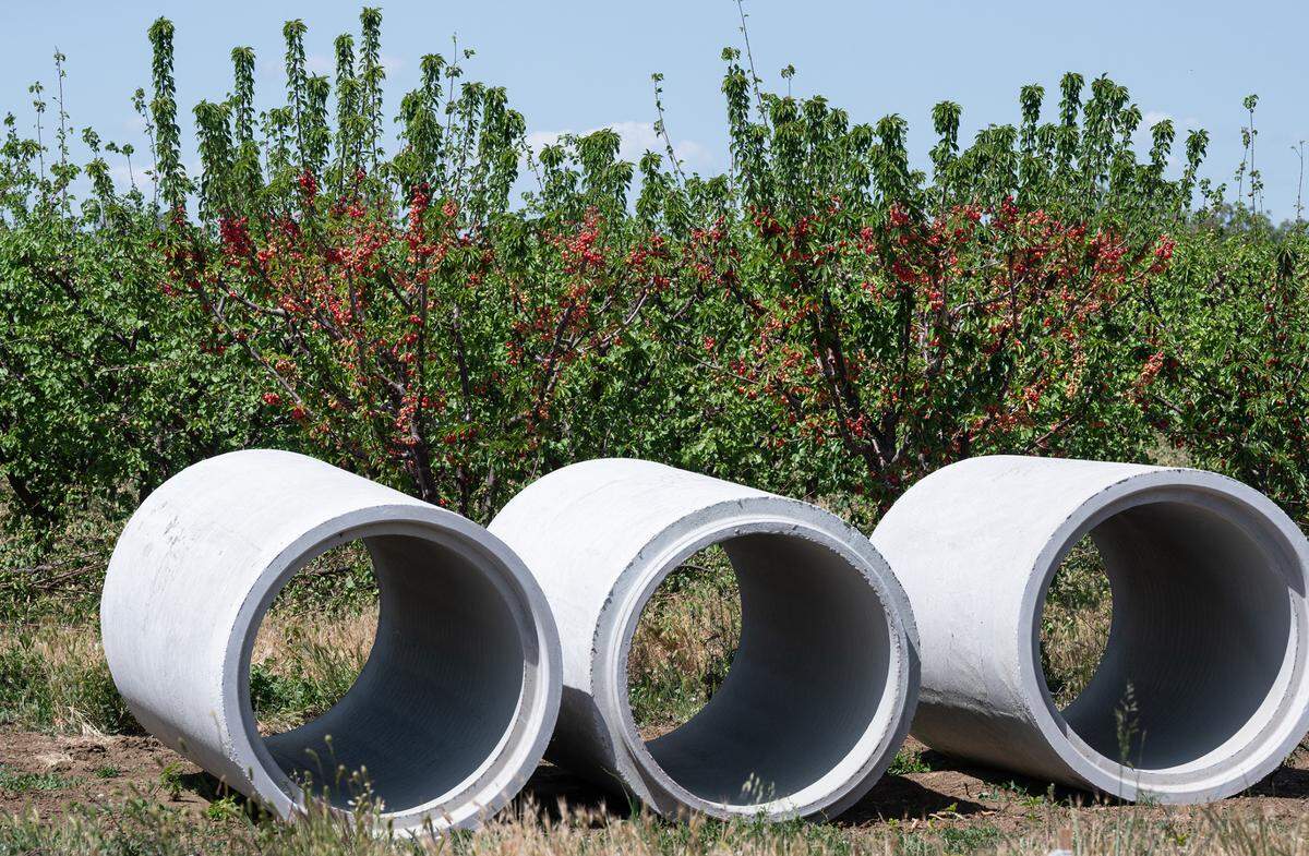 Utility is pipe lined up next to a cherry orchard in the Villages of Patterson housing development in Patterson, Calif., on Tuesday, April 12, 2022.