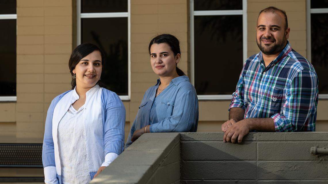 MJC students and Afghan refugee siblings, form the left, Laila, 26, Ghazal, 24, and Basir Noorani, 28, at Modesto Junior College in Modesto, Calif., on Wednesday, August 3, 2022.