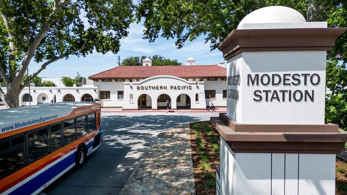A bus leaves the station at the newly renovated transit center in Modesto, Calif., Thursday, June 15, 2023. At its heart is a 1915 depot built by Southern Pacific Railroad, which had passenger service until 1971.