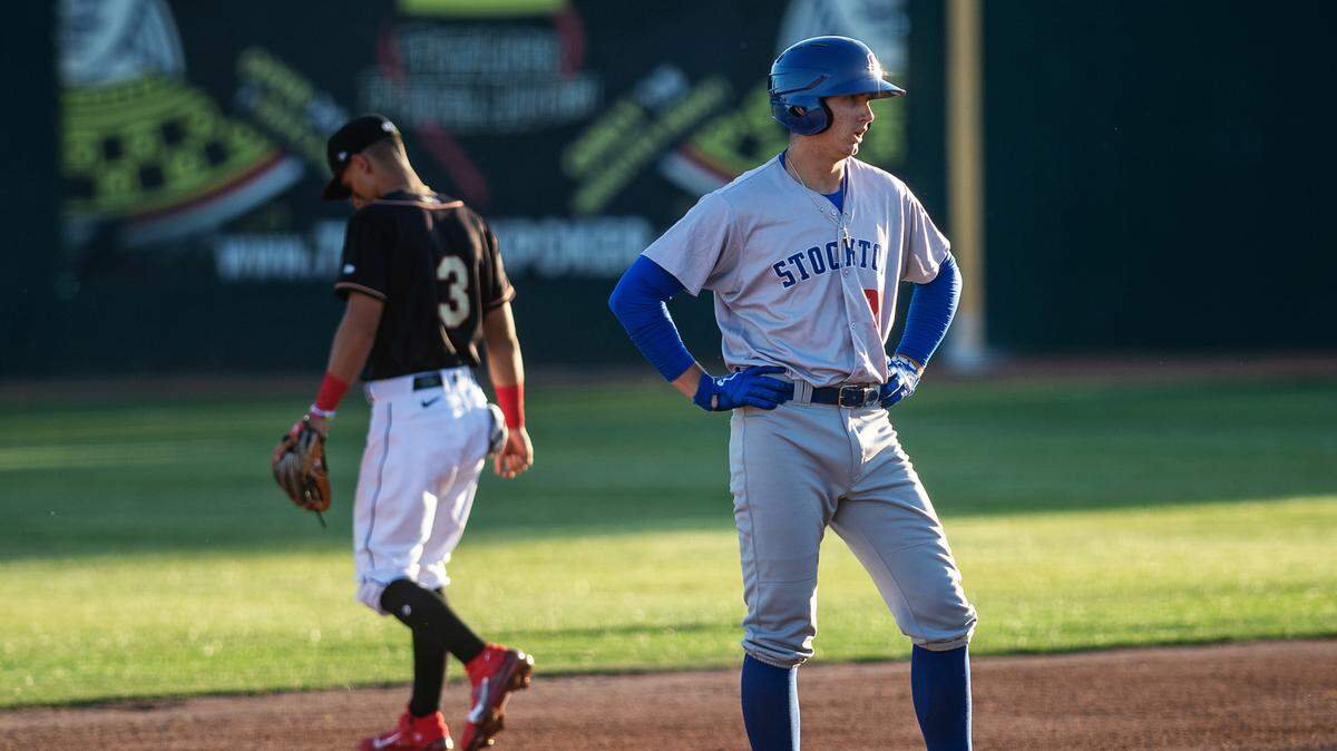 Stockton Ports’ Tyler Soderstrom stands on second base after a double in the first inning of the opening day game with the Modesto Nuts at John Thurman Field in Modesto, Calif., on Tuesday, May 4, 2021.