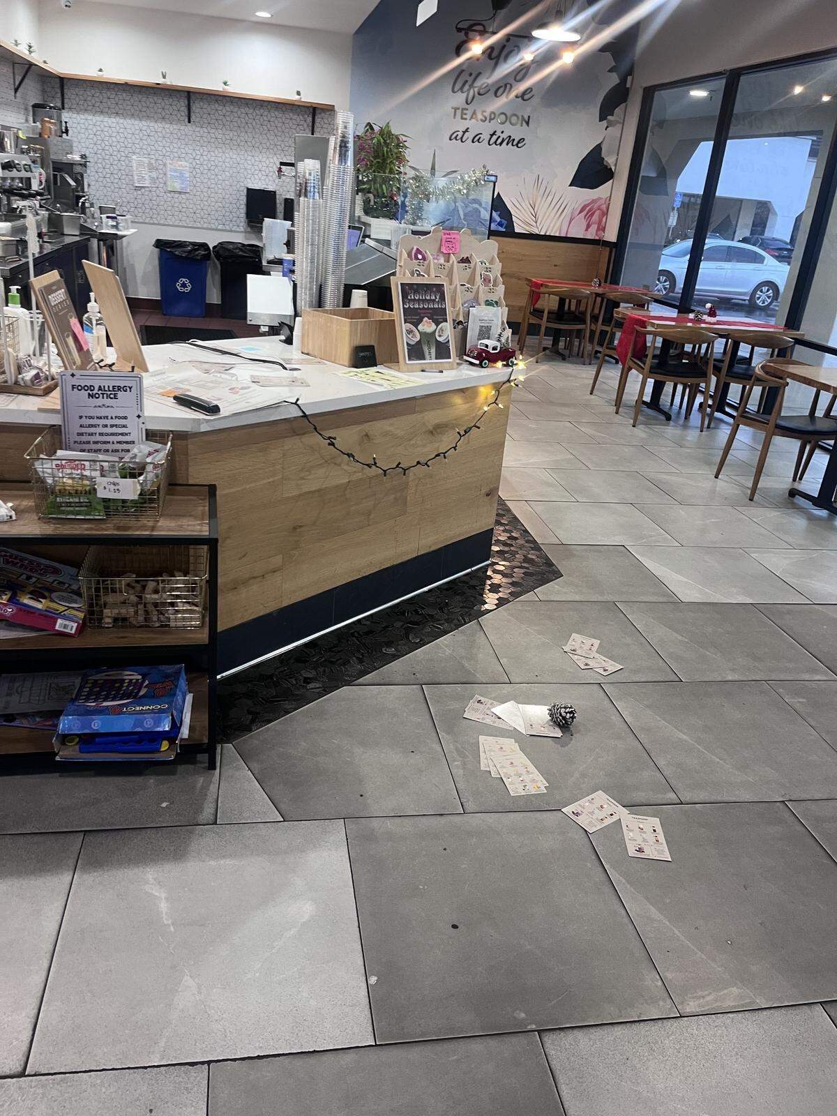 Teaspoon in Modesto, Calif., was burglarized  Dec. 25, leaving the store in disarray.