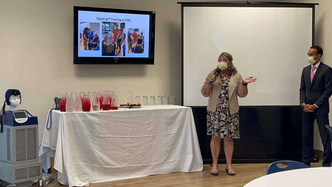 Patient Christie Marriott and Dr. Murali Naidu describe the DigniCap.