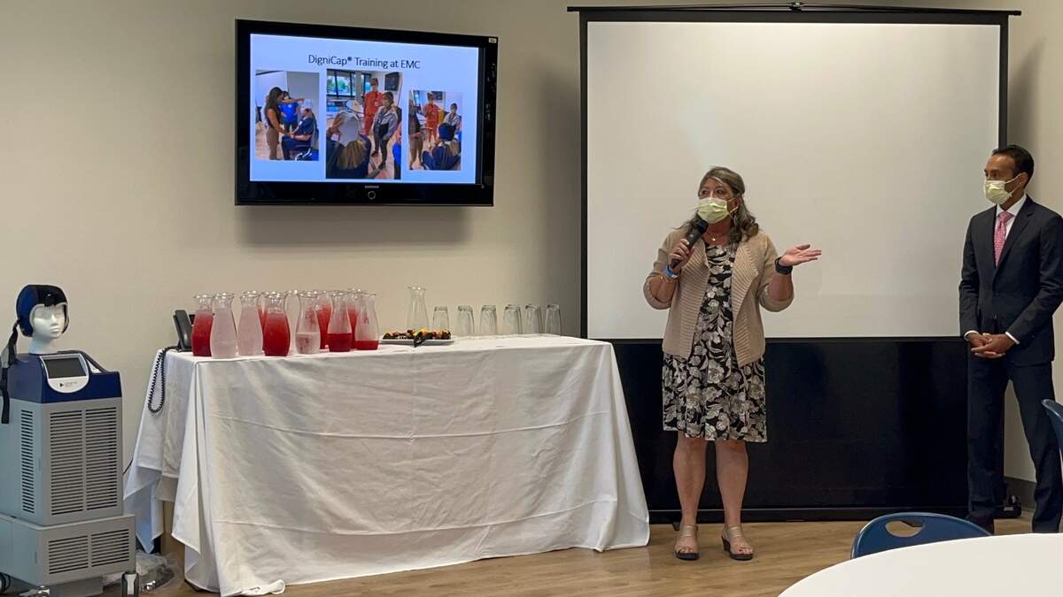 Patient Christie Marriott and Dr. Murali Naidu describe the DigniCap.