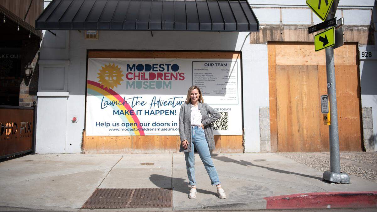 New Modesto Children’s Museum CEO Chelsie Webster out front of the future museum space on 11th Street in Modesto, Calif., Tuesday, March 7, 2023.