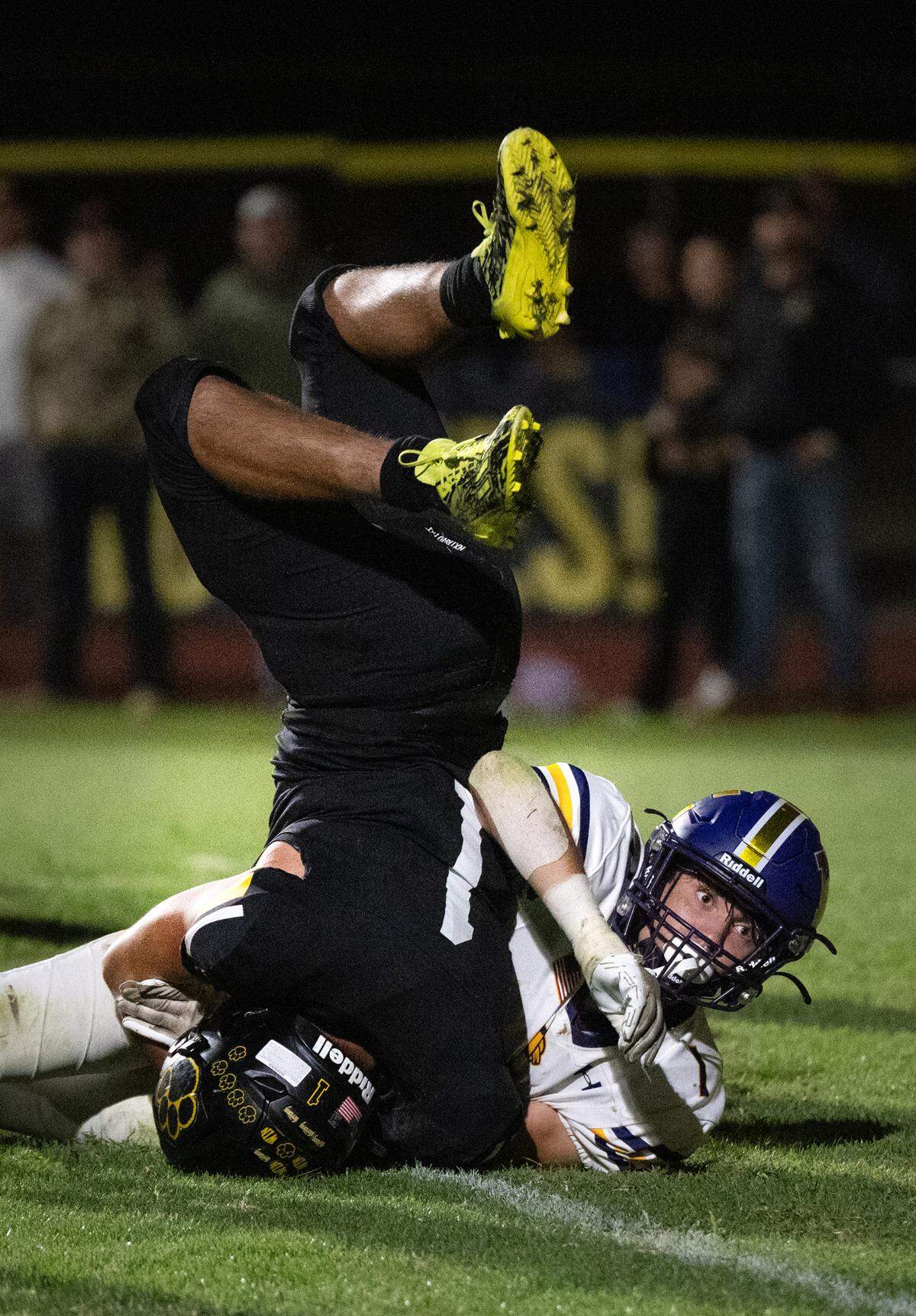 Escalon’s Logan Huebner brings down Hughson’s Alexander Villarreal in the end zone during the Trans Valley League game at Hughson High School in Hughson, Calif., Friday, Sept. 29, 2023.