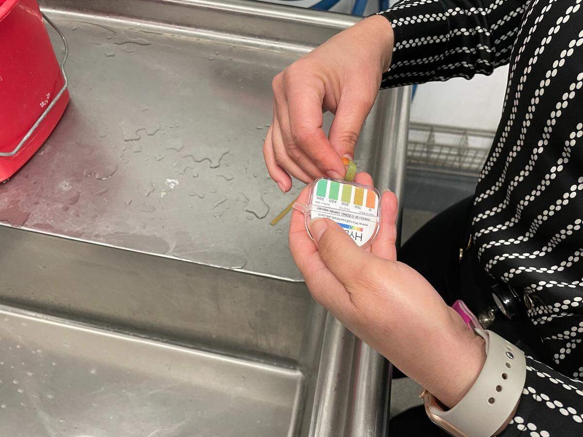 Registered Environmental Health Specialist Alondra Estrada checks the chemical levels of a sanitation device during a routine health inspection inside Save Mart on Sept. 5, 2024.